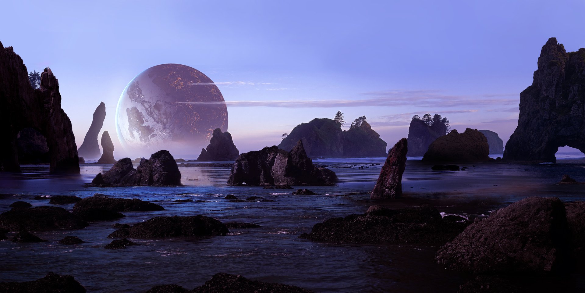 HD PC desktop wallpaper featuring a sci-fi seascape with rocky shores and a large planet visible in the pastel twilight sky.
