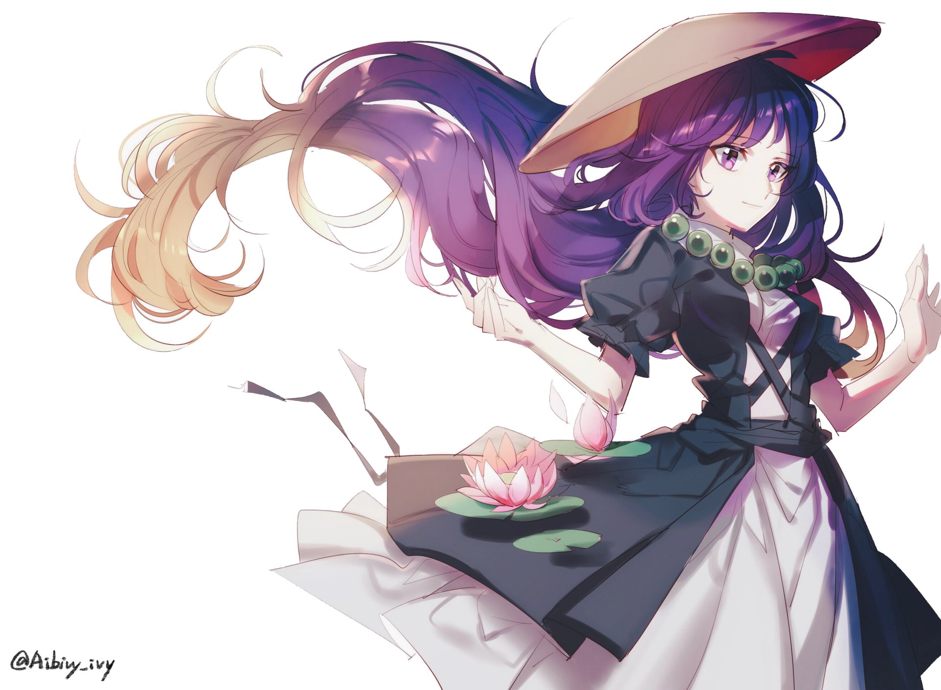 Byakuren Hijiri from Touhou in a flowing dark robe and wide hat, a lotus on a lily pad beside her, vibrant purple hair and soft light — 2K Quad HD PC desktop wallpaper.
