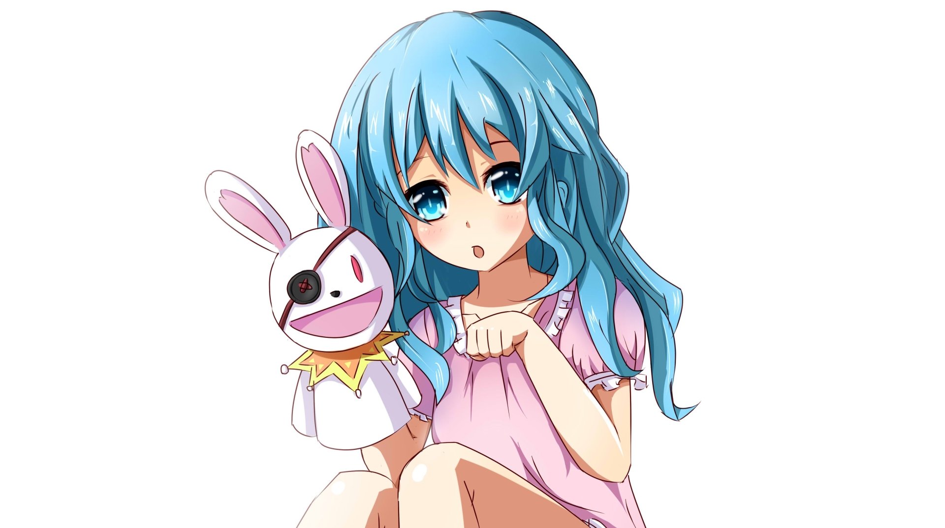 Yoshino (Date A Live) — anime 2K Quad HD PC wallpaper/background: blue-haired girl in a pink dress cradling a rabbit hand-puppet with an eyepatch, seated against a white backdrop.