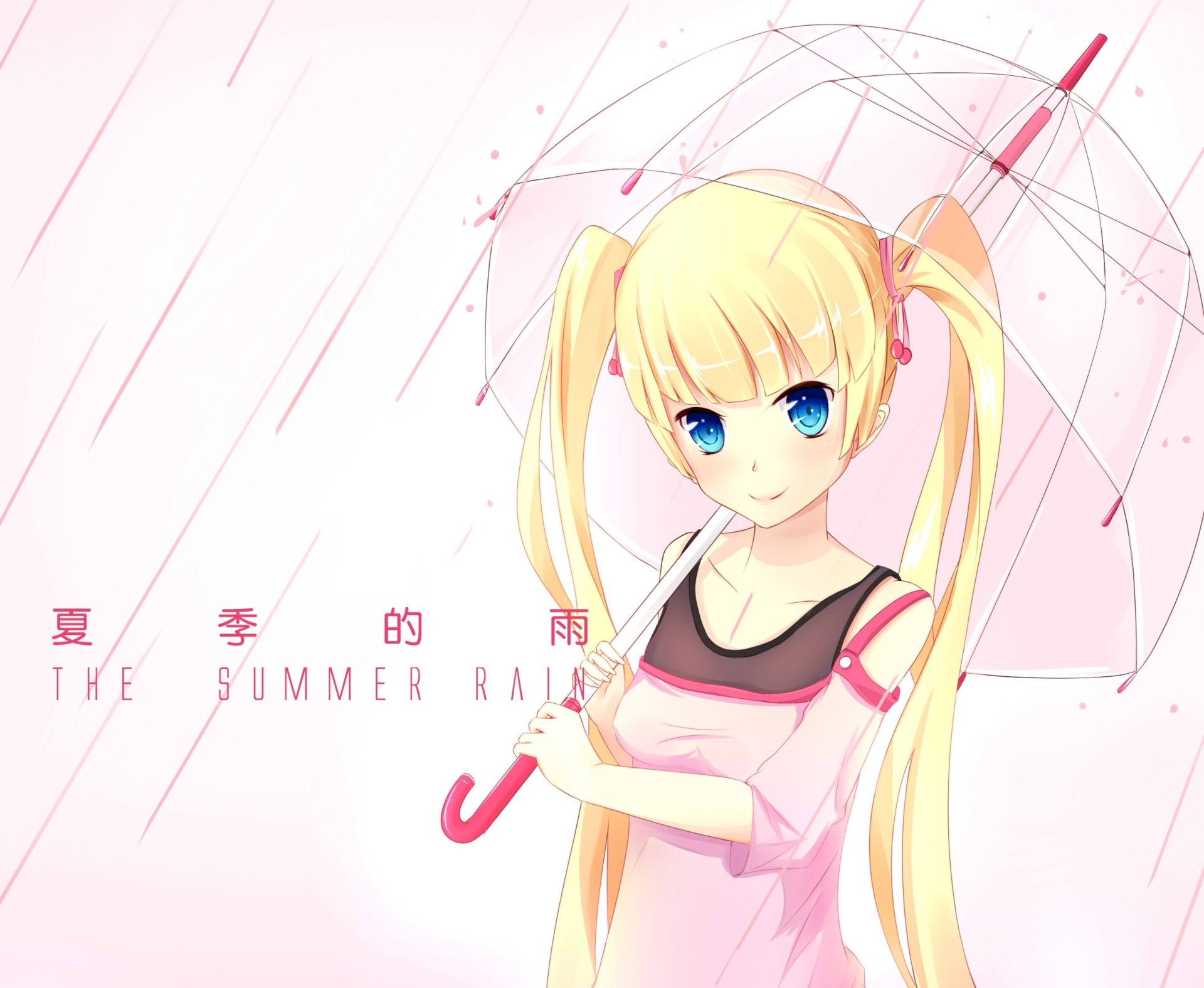 HD PC desktop wallpaper: original anime girl with blonde twintails and blue eyes holding a translucent umbrella in summer rain, soft pink tones and caption The Summer Rain.
