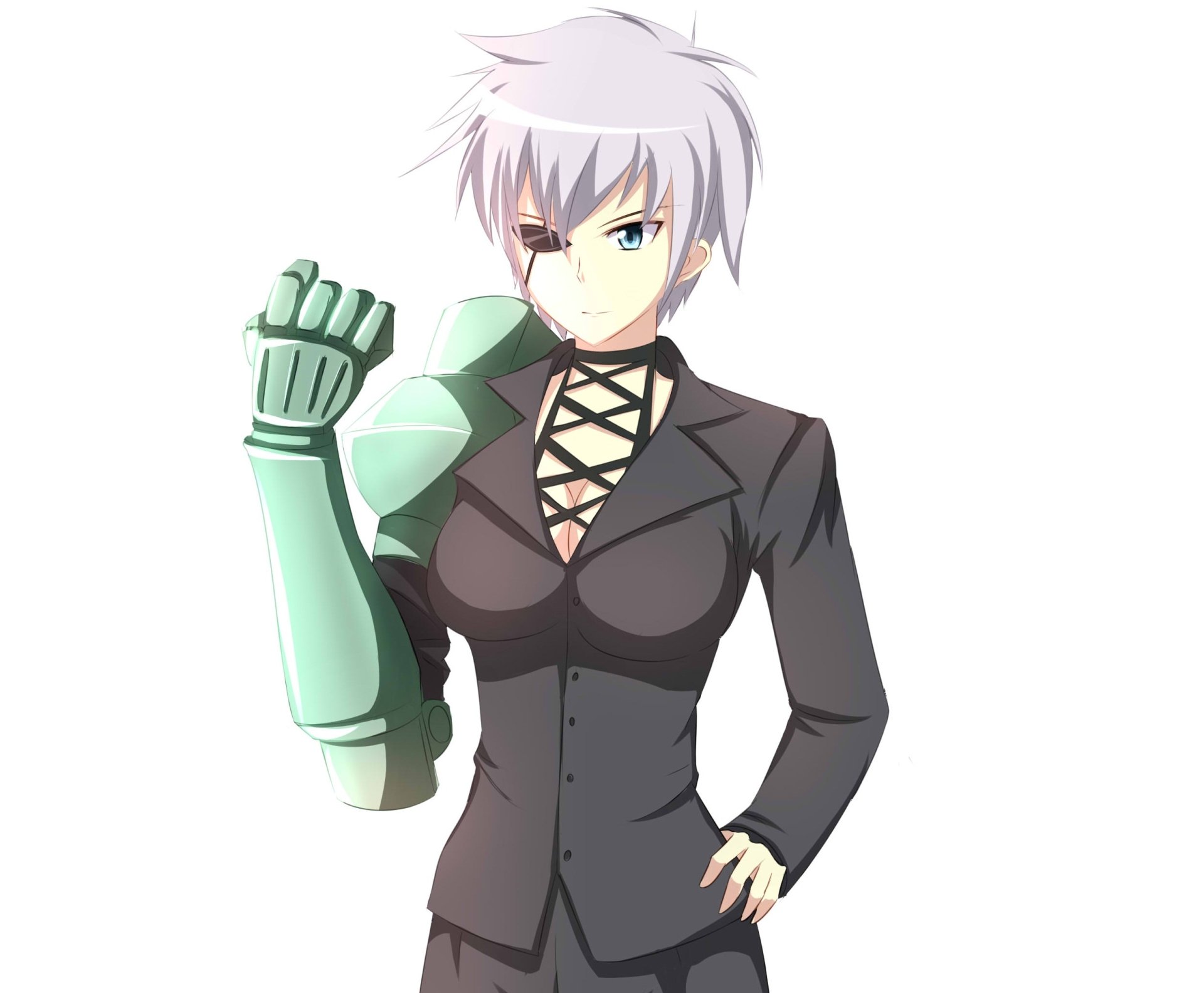 HD PC desktop wallpaper of Najenda from Akame ga Kill! — anime-style white-haired woman in a black uniform with a green mechanical arm on a white background.