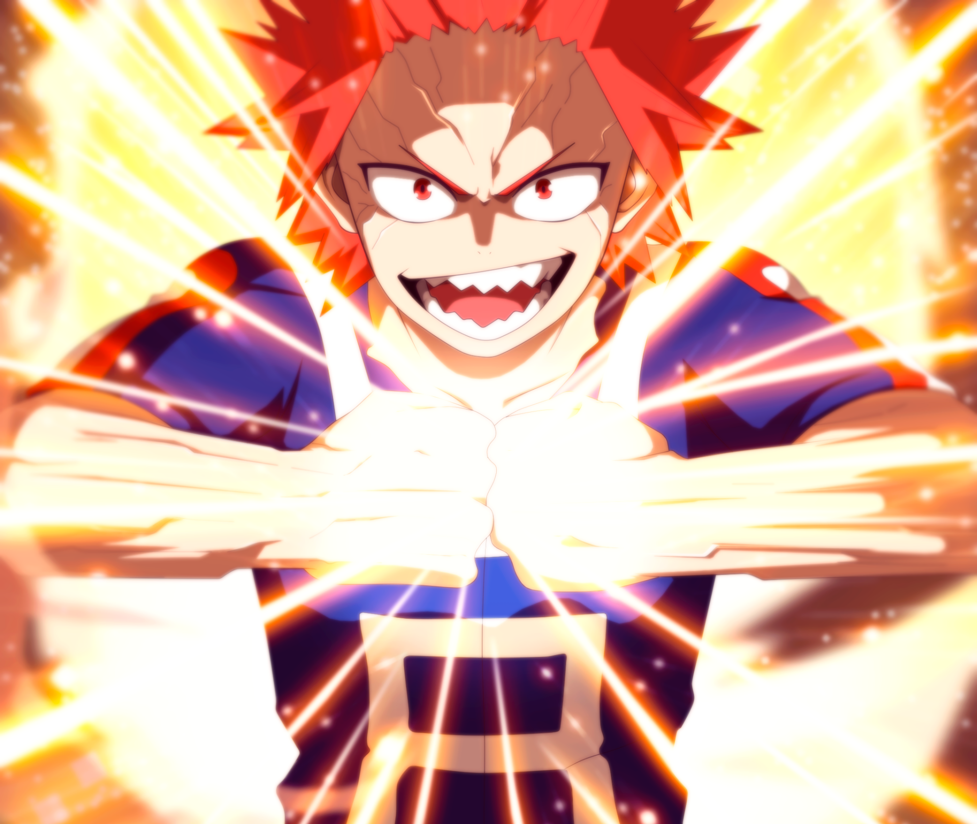 HD PC desktop wallpaper of Eijiro Kirishima from the anime My Hero Academia, showcasing his fiery determination with bright, dynamic energy effects.