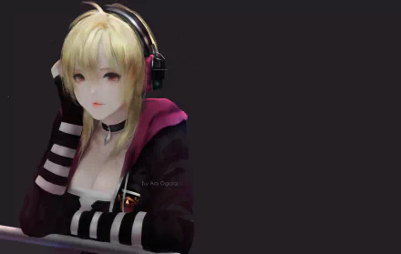 Blonde Tanya from King's Raid wearing headphones and a striped sleeve hoodie, set against a dark background in HD for a PC desktop wallpaper.