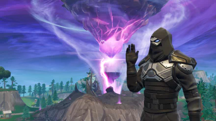 HD desktop wallpaper and background featuring a captivating scene from Fortnite Battle Royale, showing a character in dark armor set against a vivid, stormy sky with a swirling, purple vortex.