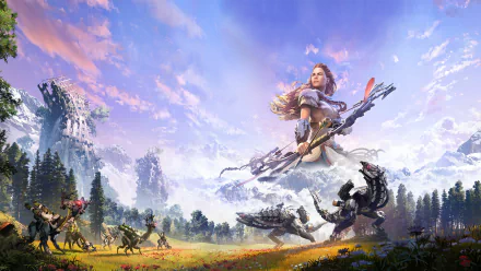 Aloy from Horizon Zero Dawn aims her bow across a sunlit wild landscape as machine creatures converge — HD PC desktop wallpaper/background, video game art.