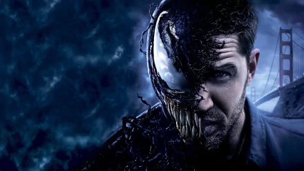 HD desktop wallpaper of Tom Hardy from the movie Venom, showing half his face transformed into the alien symbiote Venom, with a dark, cloudy sky and the Golden Gate Bridge in the background.