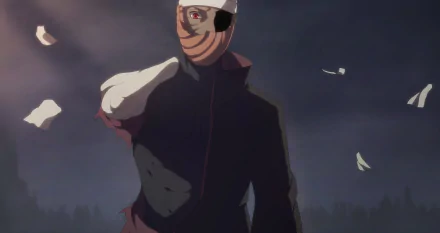 Obito Uchiha (Naruto) in a dark mask and cloak, standing at night with papers drifting around — HD anime PC desktop wallpaper