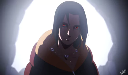 Itachi Uchiha from Naruto, glaring with Mangekyō Sharingan, dark cloak and magatama necklace framed by a bright halo — anime HD PC desktop wallpaper/background.