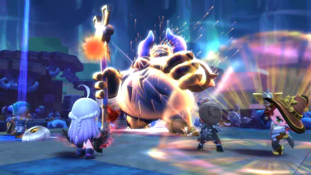 HD MapleStory 2 desktop wallpaper featuring players battling a giant monster in an energetic and colorful scene.