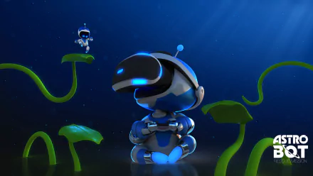 HD desktop wallpaper featuring characters from Astro Bot Rescue Mission, with the main bot in a vibrant blue space setting.