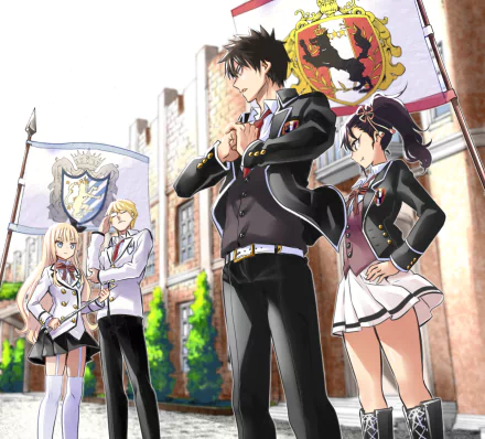 HD desktop wallpaper featuring characters Scott Fold, Romio Inuzuka, Juliet Persia, and Hasuki Komai from the anime Kishuku Gakkou No Juliet, standing confidently in front of a building with flags in the background.
