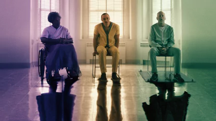 5K Ultra HD wallpaper of three seated figures from Glass (movie), featuring characters David Dunn and Elijah Price in moody lighting, reflective floor, and stark, clinical room symmetry.
