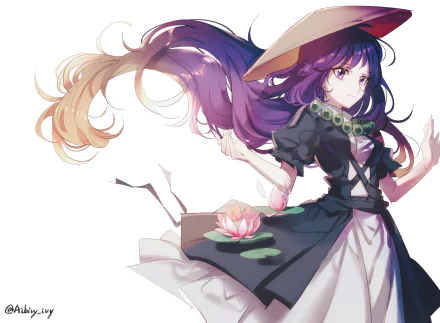 Byakuren Hijiri from Touhou in a flowing dark robe and wide hat, a lotus on a lily pad beside her, vibrant purple hair and soft light — 2K Quad HD PC desktop wallpaper.