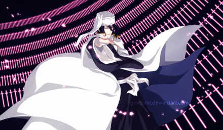 HD PC desktop wallpaper featuring Byakuya Kuchiki from the anime Bleach, surrounded by glowing pink energy and falling sakura petals in a dynamic pose.