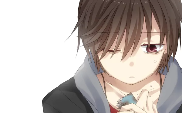 HD desktop wallpaper featuring Yū Otosaka from the anime Charlotte, depicting the character with a thoughtful expression, holding an object close to his face.