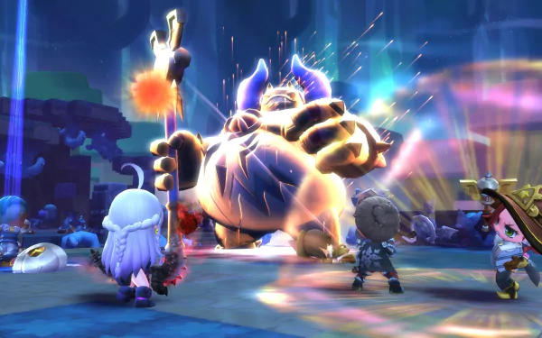 HD MapleStory 2 desktop wallpaper featuring players battling a giant monster in an energetic and colorful scene.