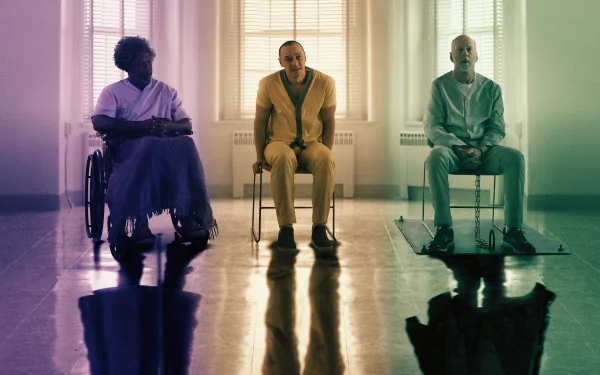 5K Ultra HD wallpaper of three seated figures from Glass (movie), featuring characters David Dunn and Elijah Price in moody lighting, reflective floor, and stark, clinical room symmetry.