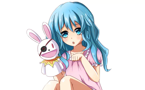 Yoshino (Date A Live) — anime 2K Quad HD PC wallpaper/background: blue-haired girl in a pink dress cradling a rabbit hand-puppet with an eyepatch, seated against a white backdrop.