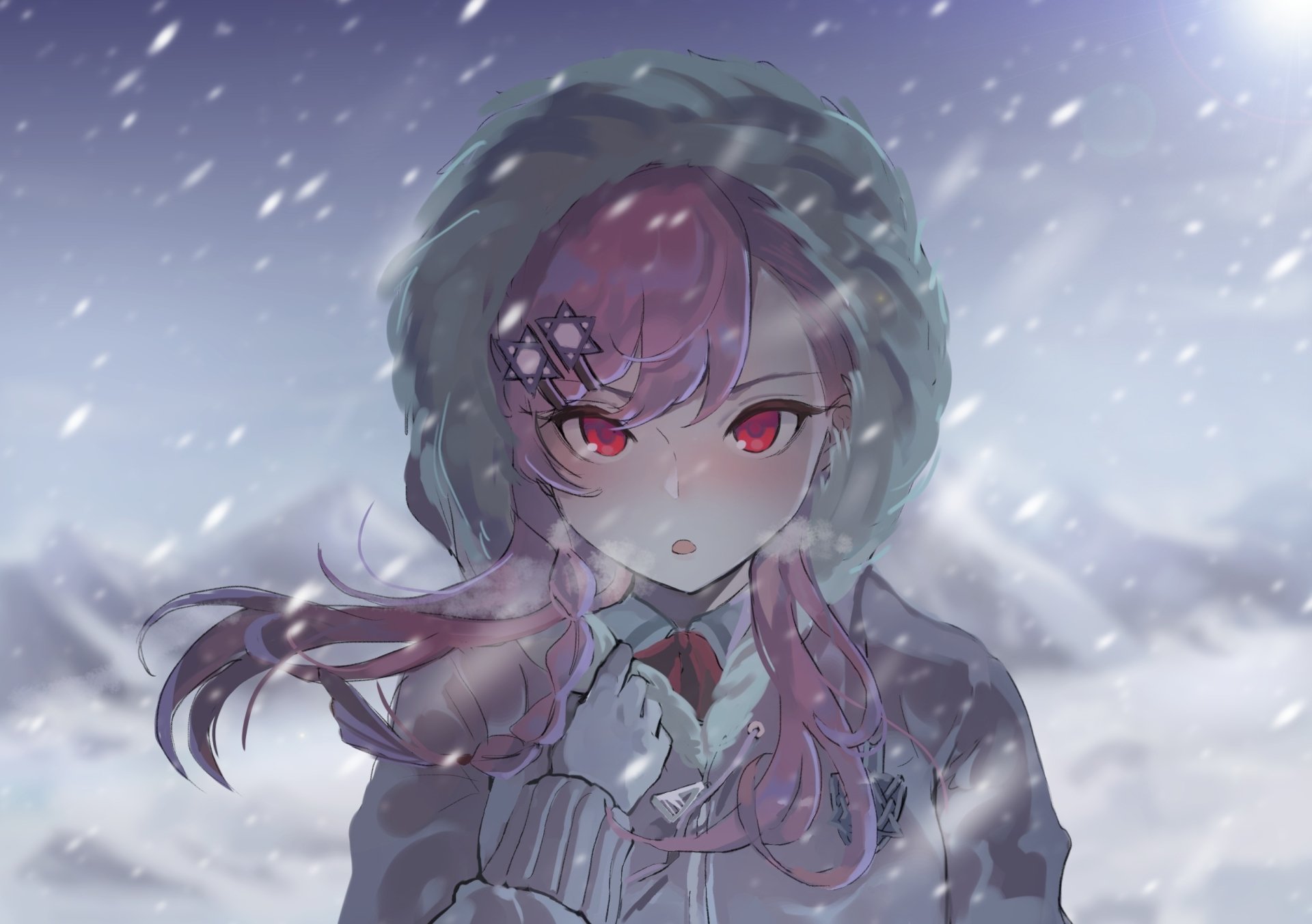 HD wallpaper of Negev from Girls Frontline with red eyes and pink hair, dressed as a soldier in a snowy winter scene from the video game Girls Frontline.