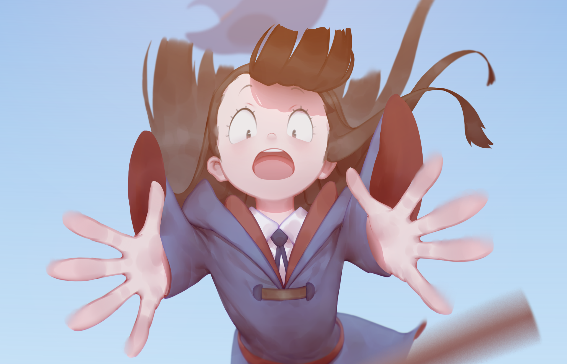 HD PC desktop anime wallpaper: Little Witch Academia's young witch in uniform reaching forward with a surprised expression against a clear sky background.