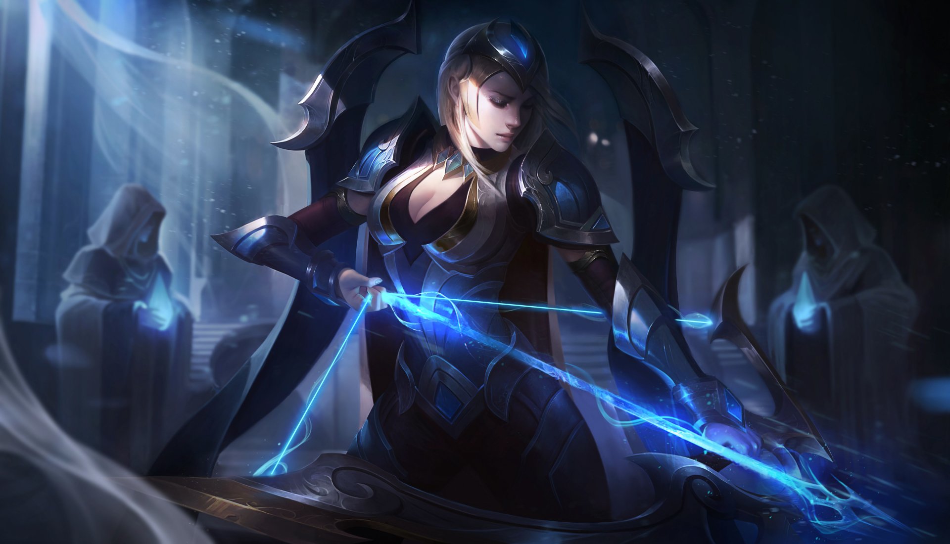 HD desktop wallpaper featuring a blonde woman warrior, Ashe from League of Legends, skillfully wielding a glowing bow in a mystical setting.