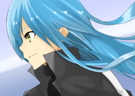 Close-up of Rimuru Tempest from That Time I Got Reincarnated as a Slime with flowing blue hair and striking green eyes, rendered in 4K Ultra HD anime style.