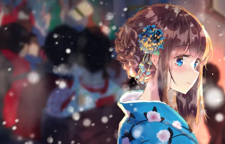 A cute anime girl with blue eyes and brown hair, wearing a kimono, stands in a snowfall. The scene is beautifully detailed, making it a captivating HD desktop wallpaper and background.