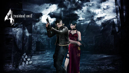 4K Ultra HD Resident Evil 4 wallpaper featuring Leon S. Kennedy and Ada Wong standing back-to-back in a dark, stormy environment from the video game.