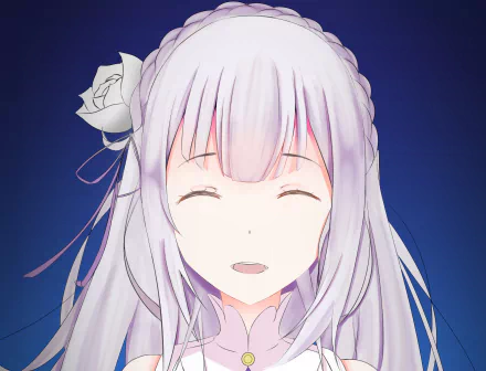 HD PC desktop wallpaper of Emilia from the anime Re:Zero - Starting Life in Another World, featuring her smiling with white hair and a white rose accessory.