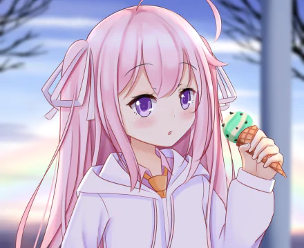 Anime-style HD desktop wallpaper of an original character with long pink twintails and purple eyes, eating a green and brown ice cream cone outdoors at dusk.