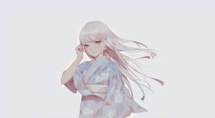 Anime-style original artwork of a serene young woman with flowing white hair, wearing a delicate kimono, designed as an HD PC desktop wallpaper background.