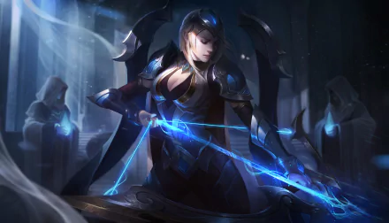 HD desktop wallpaper featuring a blonde woman warrior, Ashe from League of Legends, skillfully wielding a glowing bow in a mystical setting.