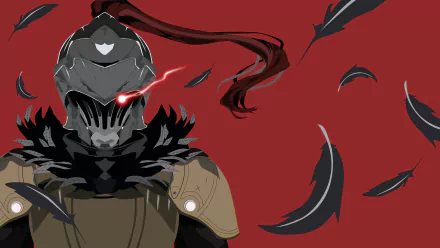 Anime-style Goblin Slayer character with glowing red eye and flowing red scarf on a deep red background, rendered in 4K Ultra HD for PC desktop wallpaper.