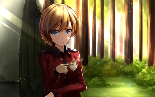 Darjeeling (Girls und Panzer) anime portrait: in a red uniform holding a teacup, leaning against a dark surface with sunlit forest behind — HD PC desktop wallpaper and background.