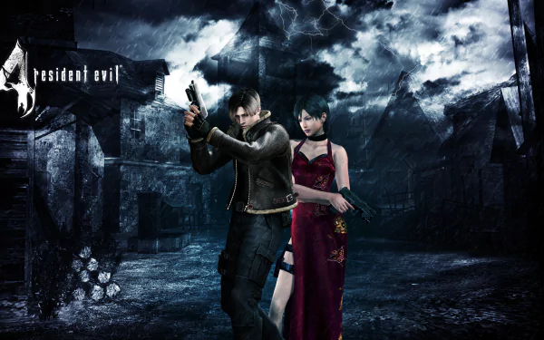 4K Ultra HD Resident Evil 4 wallpaper featuring Leon S. Kennedy and Ada Wong standing back-to-back in a dark, stormy environment from the video game.