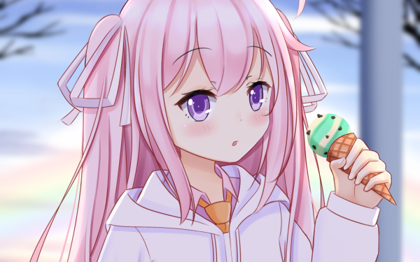 Anime Original Pink Hair Long Hair Twintails Purple Eyes Ice Cream Eating HD Wallpaper | Background Image
