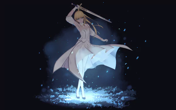 HD PC desktop wallpaper featuring Saber Lily from Fate/unlimited codes, depicted mid-action in her flowing white dress with glowing effects in an anime style.