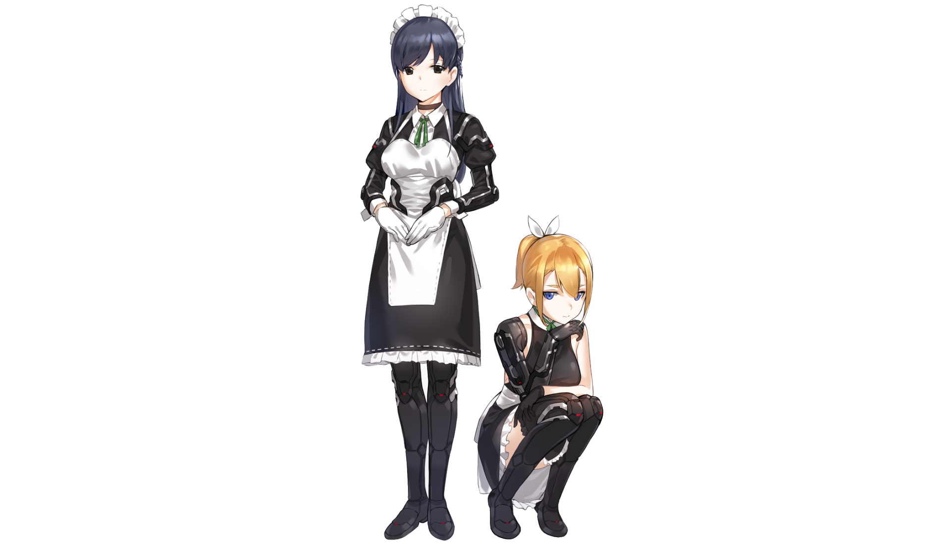 Anime Original HD PC desktop wallpaper/background: two maid characters—tall dark-haired standing in a black-and-white uniform, blonde maid kneeling beside her.