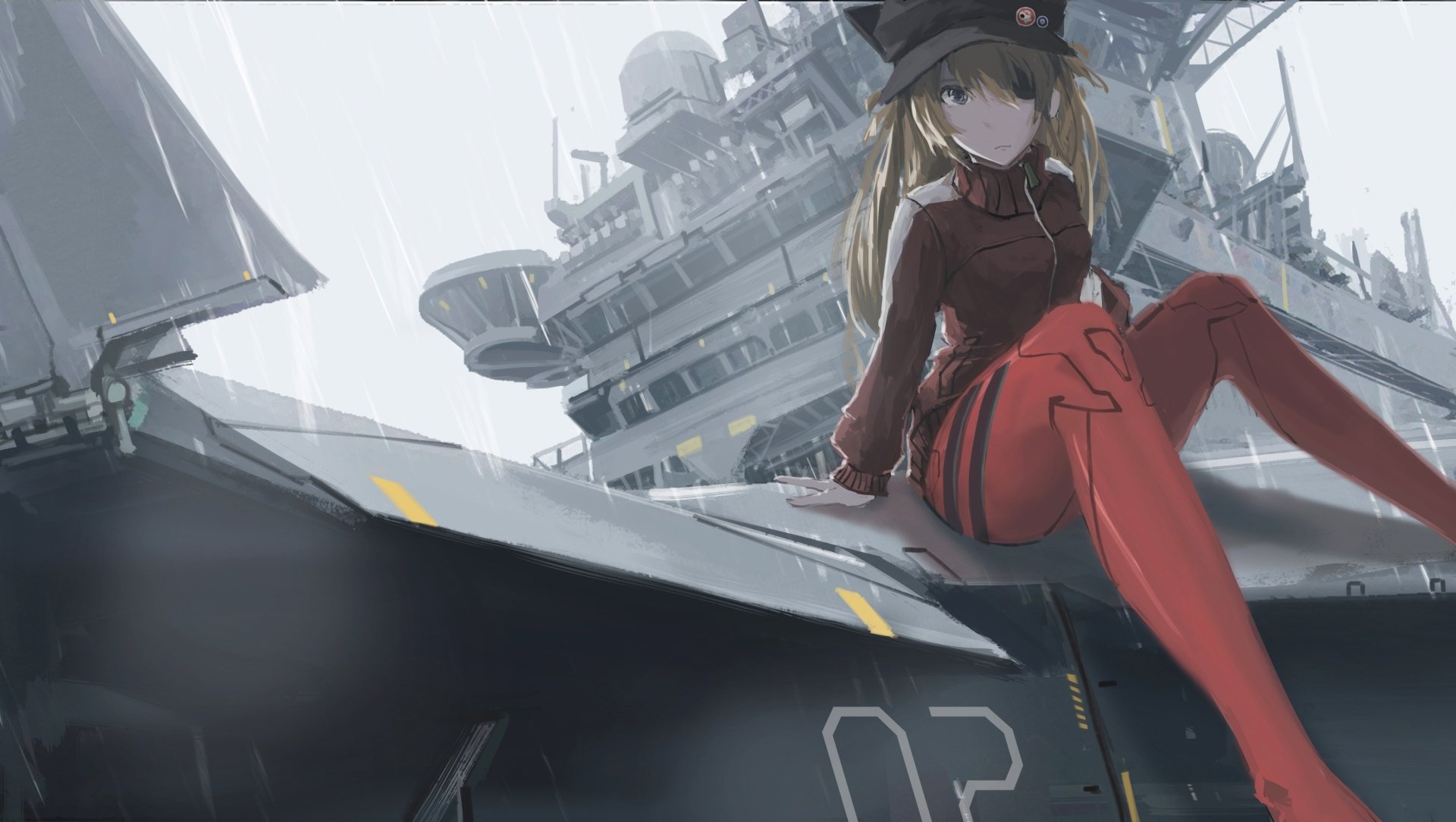 HD PC desktop wallpaper featuring Asuka Langley Sohryu from the anime Evangelion: 3.0 You Can (Not) Redo, with a futuristic aircraft carrier backdrop.