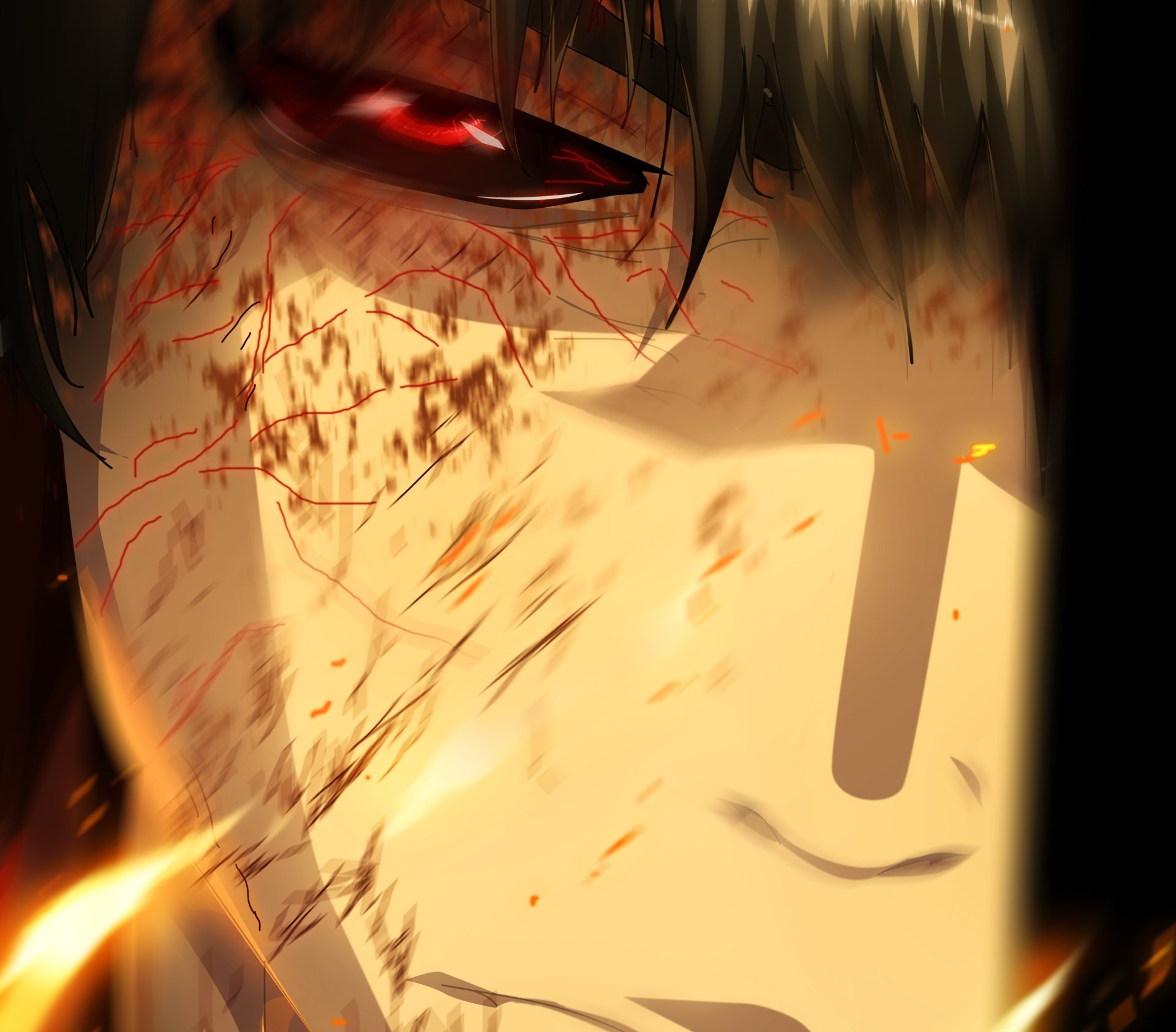 4K Ultra HD PC desktop wallpaper featuring Koutarou Amon from the anime Tokyo Ghoul:re with an intense close-up and dynamic lighting effects.