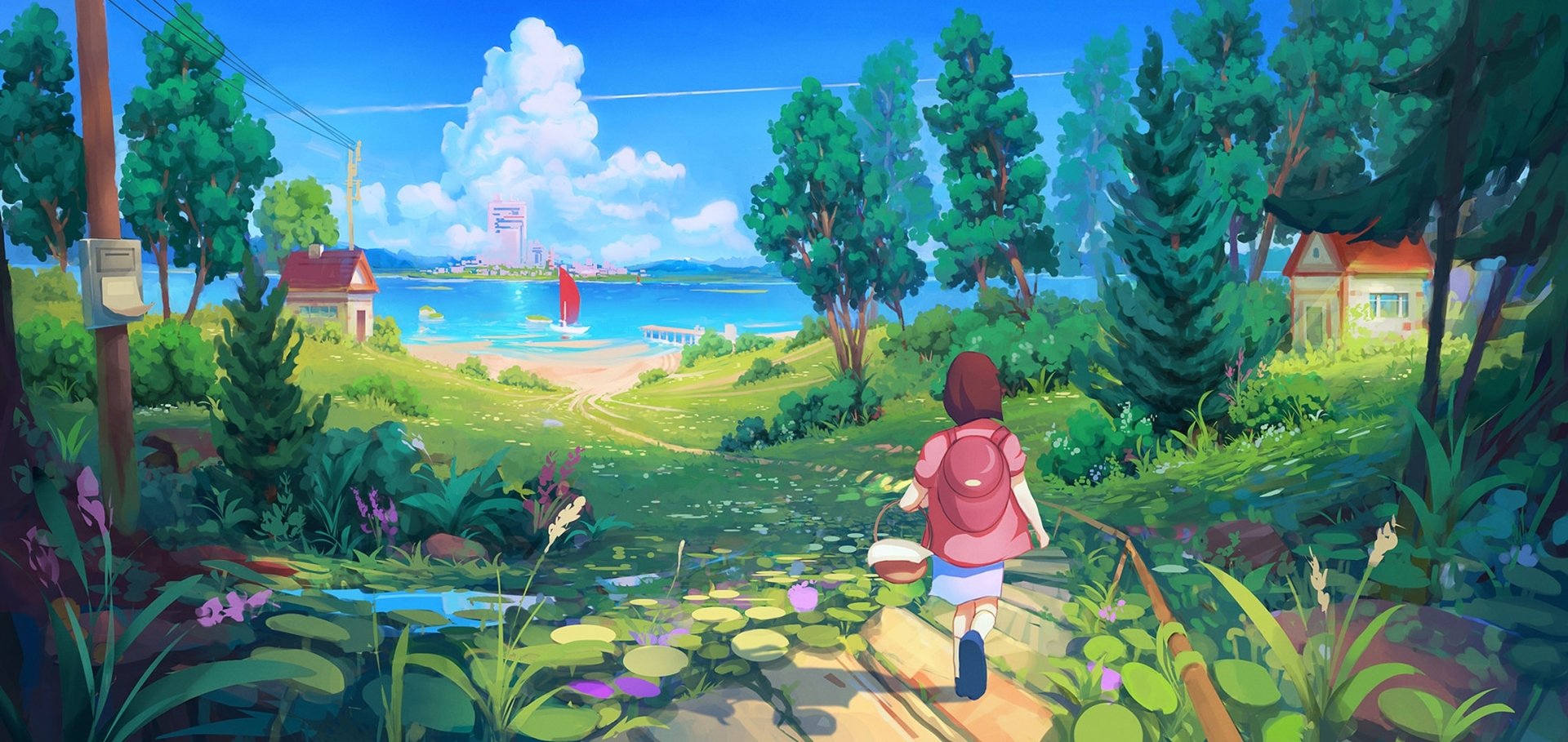 Anime-style HD desktop wallpaper of a child walking toward a spring lake, surrounded by lush trees and vibrant greenery in a bright fantasy landscape.