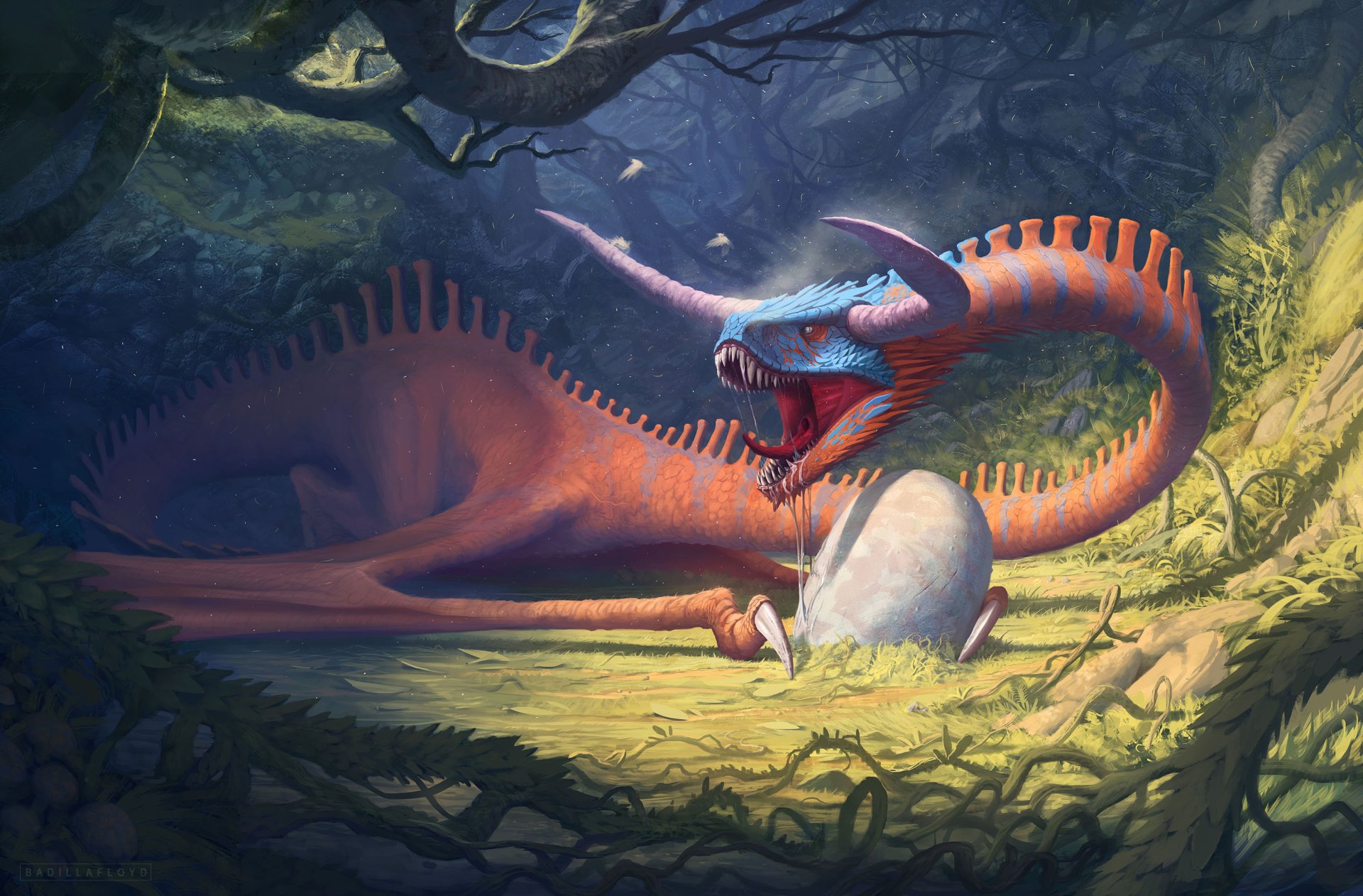 Fantasy HD PC desktop wallpaper depicting a vibrant, fierce dragon guarding its newly hatched egg in a mystical forest clearing.