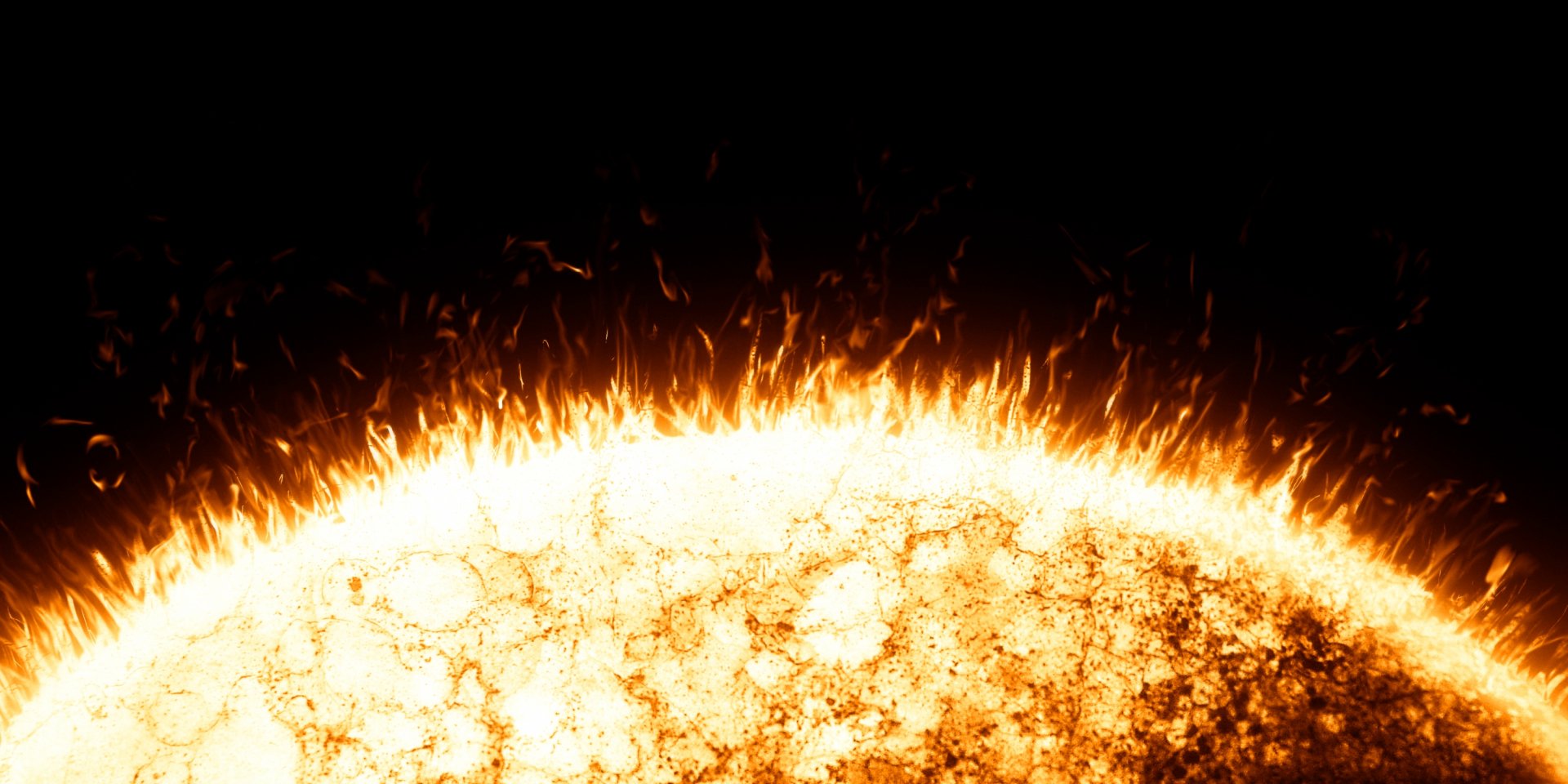 Sci-fi 2K Quad HD PC desktop wallpaper: close-up of a sun's glowing, flaring surface with molten textures and erupting plasma against deep black space.