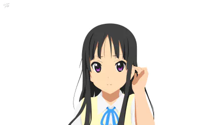 4K Ultra HD anime wallpaper featuring Mio Akiyama from K-ON! with long black hair and purple eyes, wearing a school uniform with a blue ribbon.
