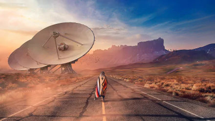 A fantasy HD desktop wallpaper featuring a vast desert landscape with a giant satellite dish and a cloaked figure walking down an empty road, under a vibrant blue sky.
