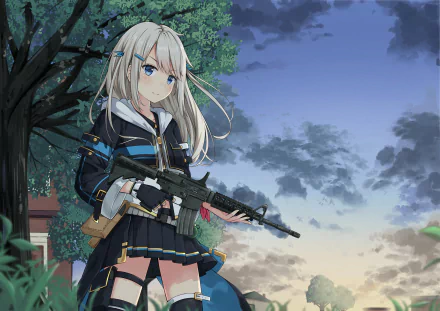 HD anime original artwork of a determined girl holding a rifle, standing outdoors under a twilight sky, designed as a PC desktop wallpaper and background.
