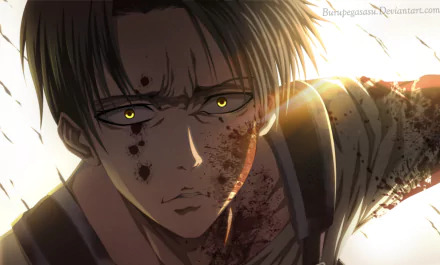 HD anime wallpaper featuring Levi Ackerman from Attack on Titan, showcasing his intense gaze and battle-worn appearance in a dramatic, high-detail style.
