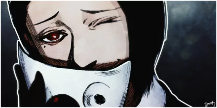 Close-up HD anime wallpaper of Kichimura Washuu from Tokyo Ghoul:re, featuring his distinctive eye and mask in a dark, atmospheric background.