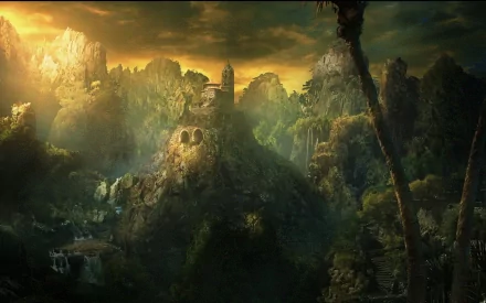 HD desktop wallpaper of a fantasy landscape tagged with janu, featuring a mystical mountainous terrain bathed in golden sunlight, detailed with lush greenery and ancient structures.