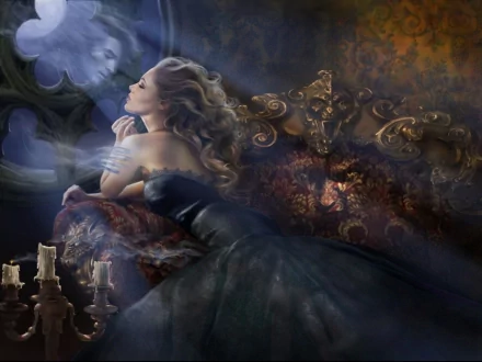 HD fantasy wallpaper depicting a woman in a dark dress reclining on an ornate couch, with a ghostly reflection appearing in the background. Candles and an intricate decor enhance the mystical atmosphere.